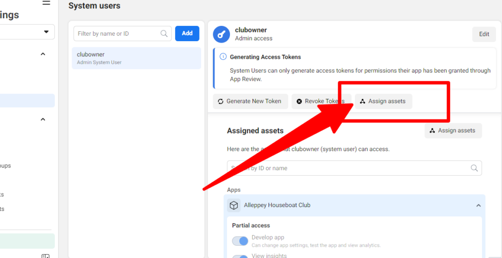 Asignación de activos de la app al System User