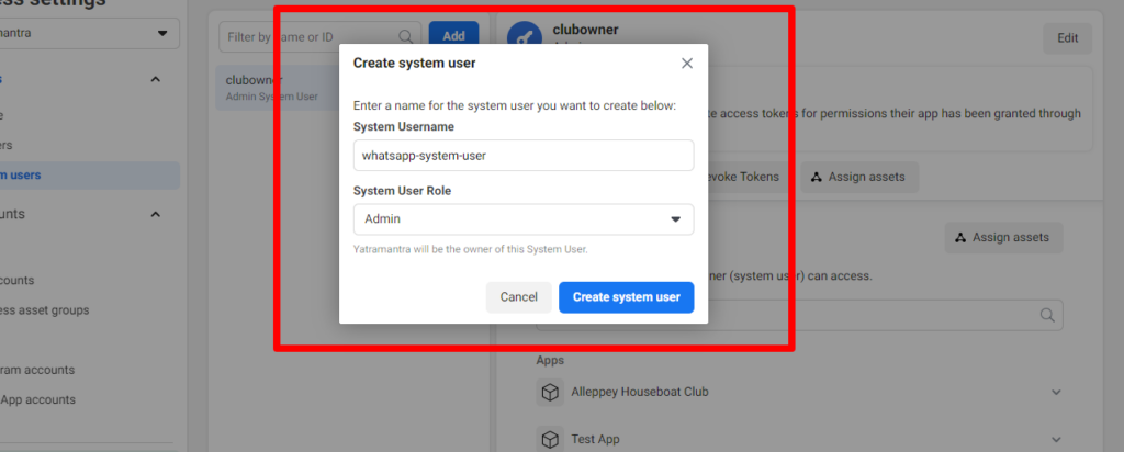 Meta Business Settings - Users System Users